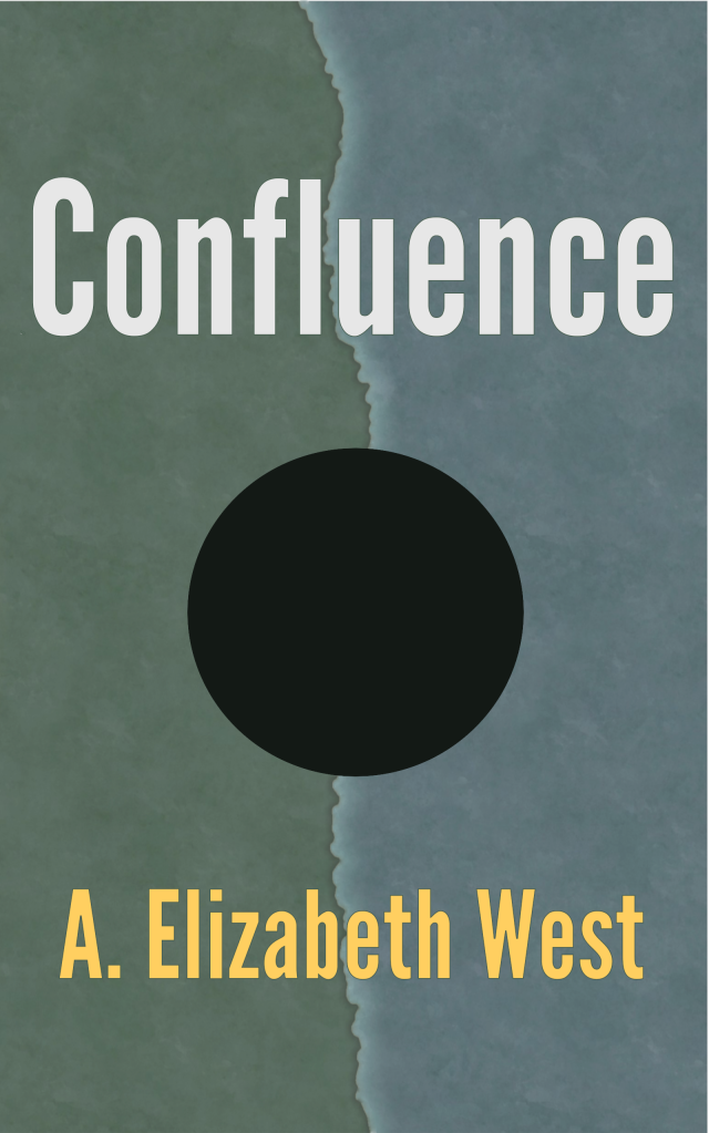 Confluence book cover, background in green and blue with a large black hole in the center, bisected by a glowing line. Title in large white sans serif font above the hole and author name below in light yellow sans serif font.